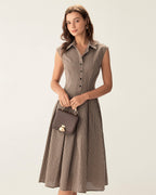 Brown Plaid Button Pleated Midi Dress 0