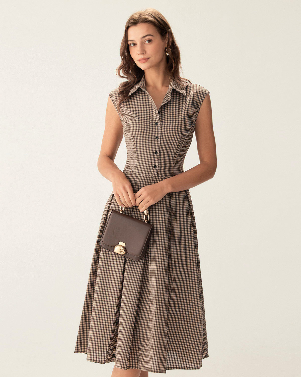 Brown Plaid Button Pleated Midi Dress 0