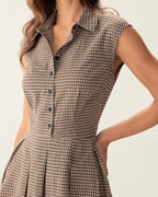 Brown Plaid Button Pleated Midi Dress 1