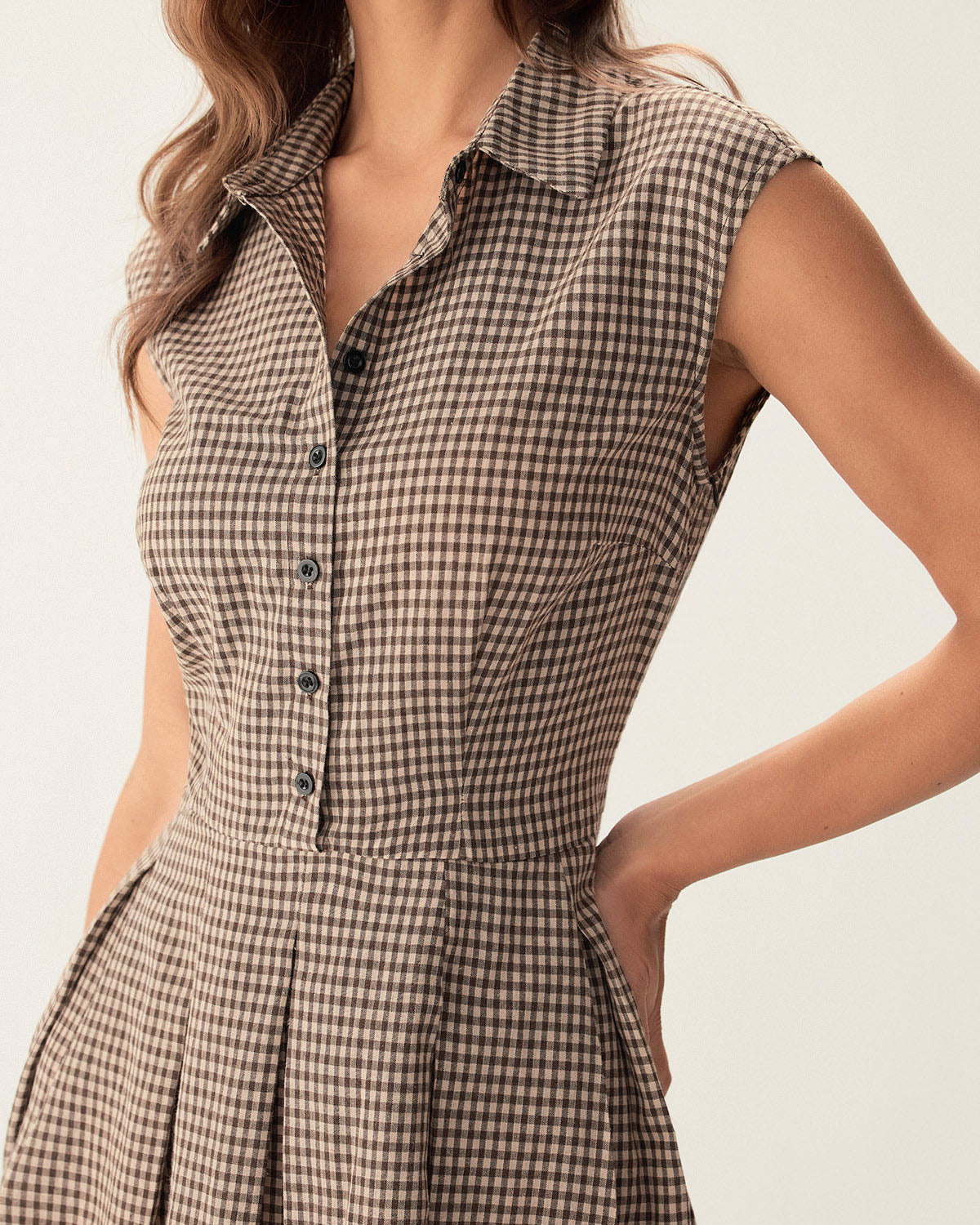 Brown Plaid Button Pleated Midi Dress 1