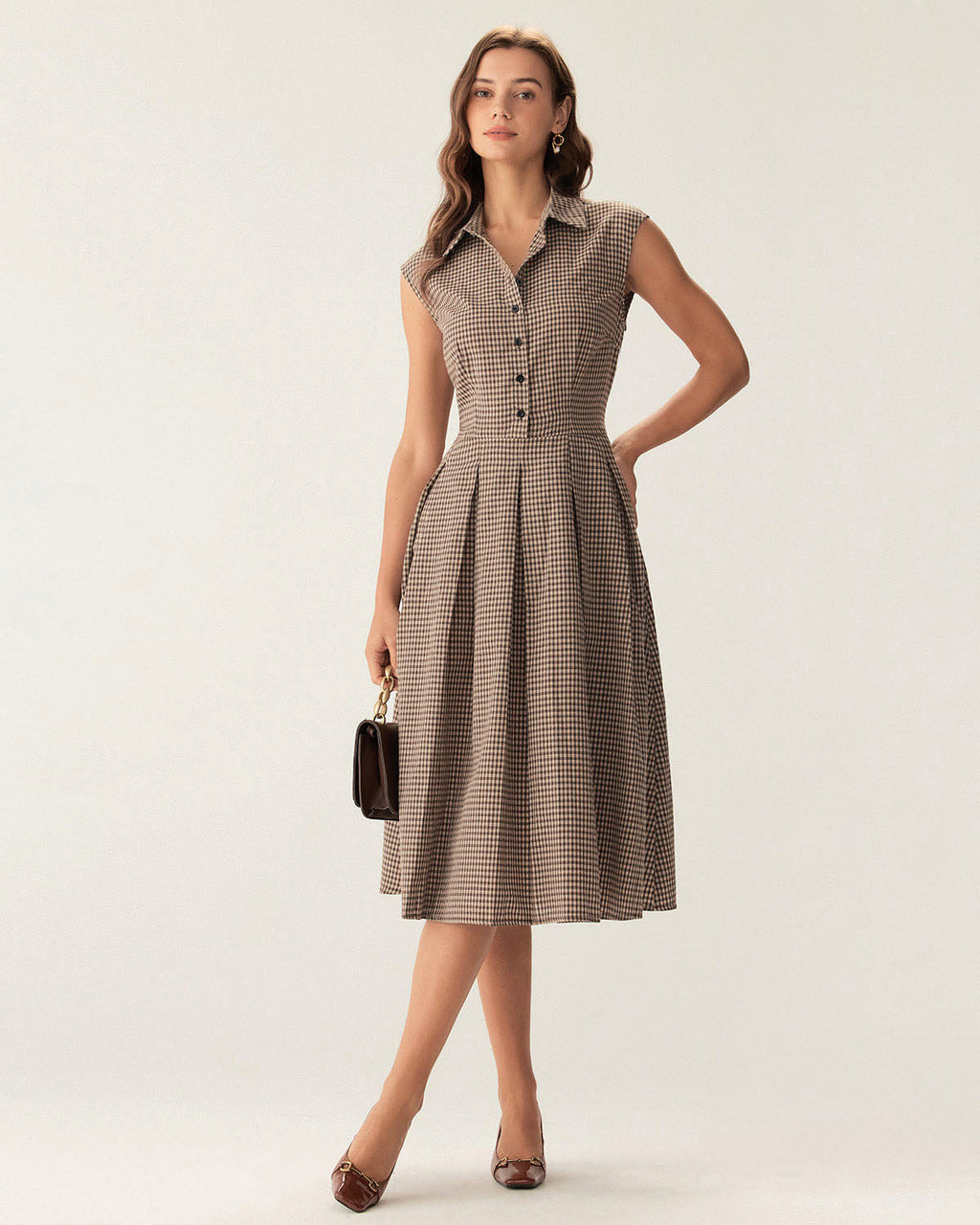 Brown Plaid Button Pleated Midi Dress 2