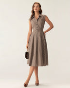 Brown Plaid Button Pleated Midi Dress 2