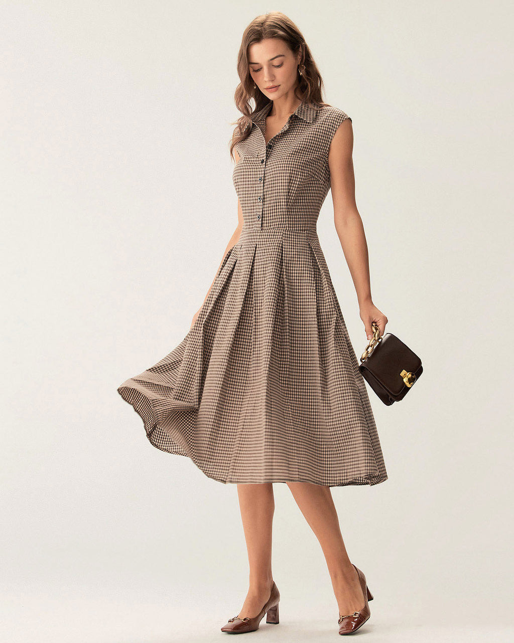 Brown Plaid Button Pleated Midi Dress 3