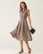Brown Plaid Button Pleated Midi Dress 3