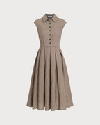 Brown Plaid Button Pleated Midi Dress 5