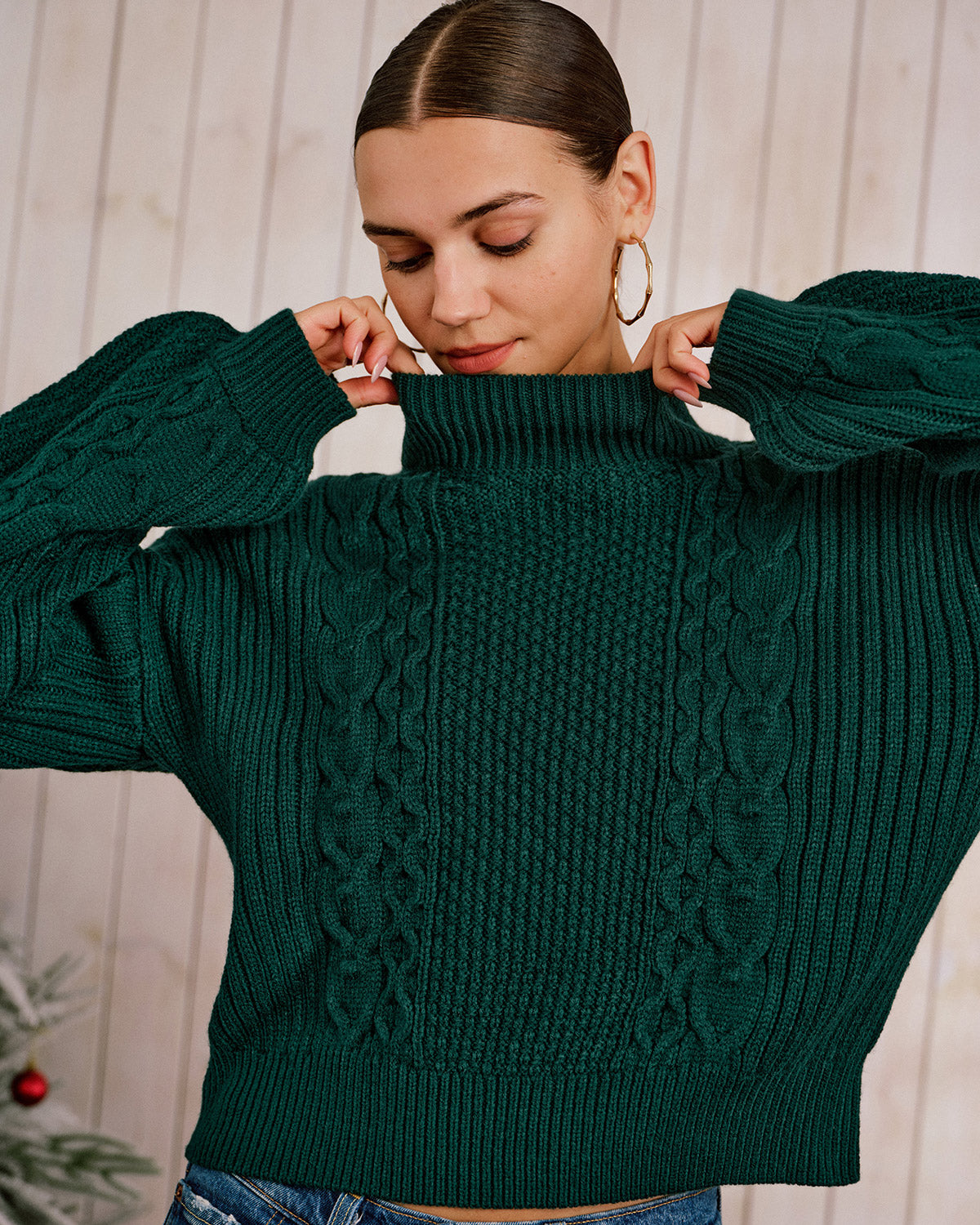Green Mock Neck Lantern Sleeve Sweater 1