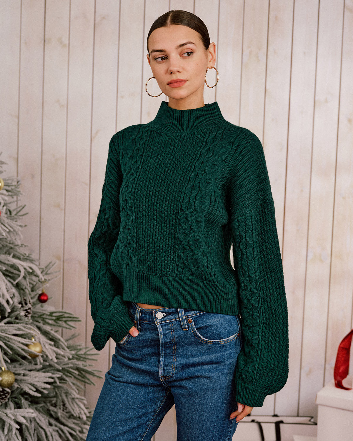 Green Mock Neck Lantern Sleeve Sweater 2