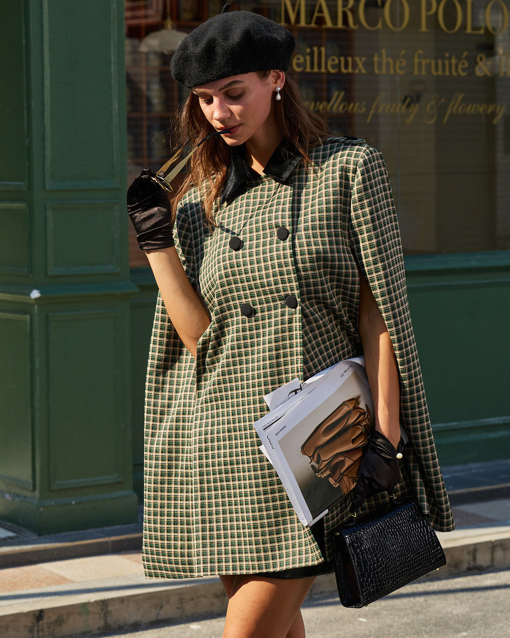 Green Plaid Cape Sleeve Coat 0