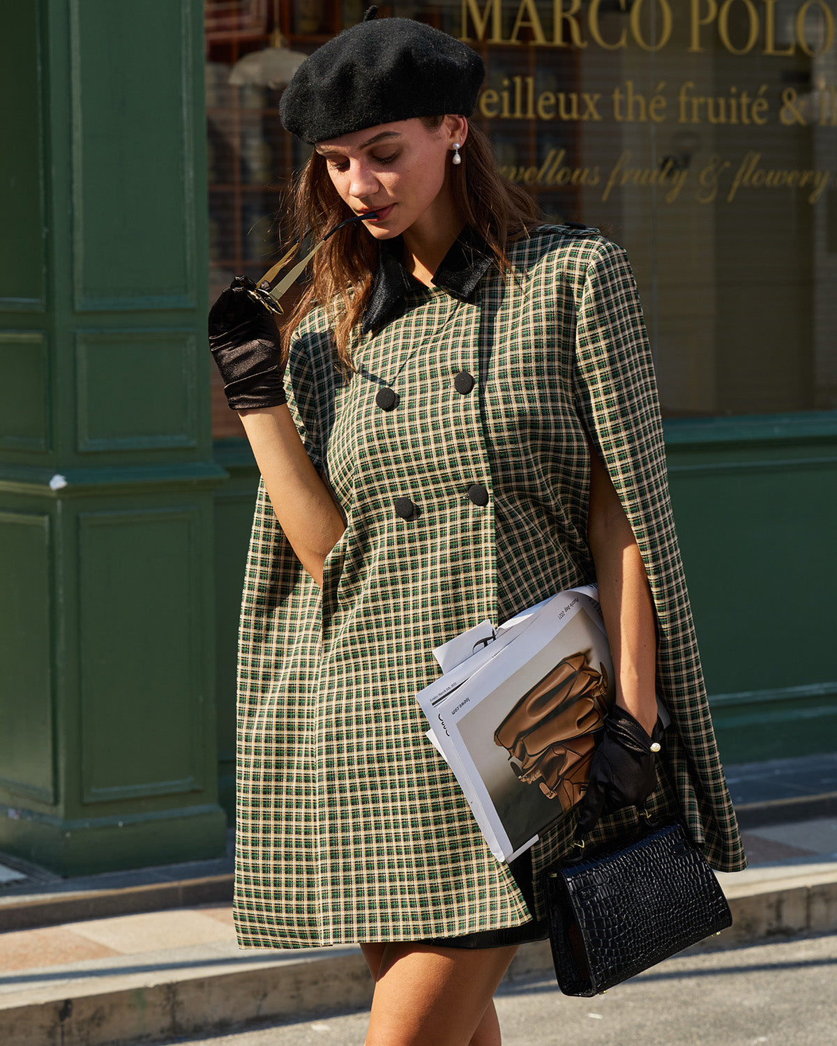 Green Plaid Cape Sleeve Coat 0