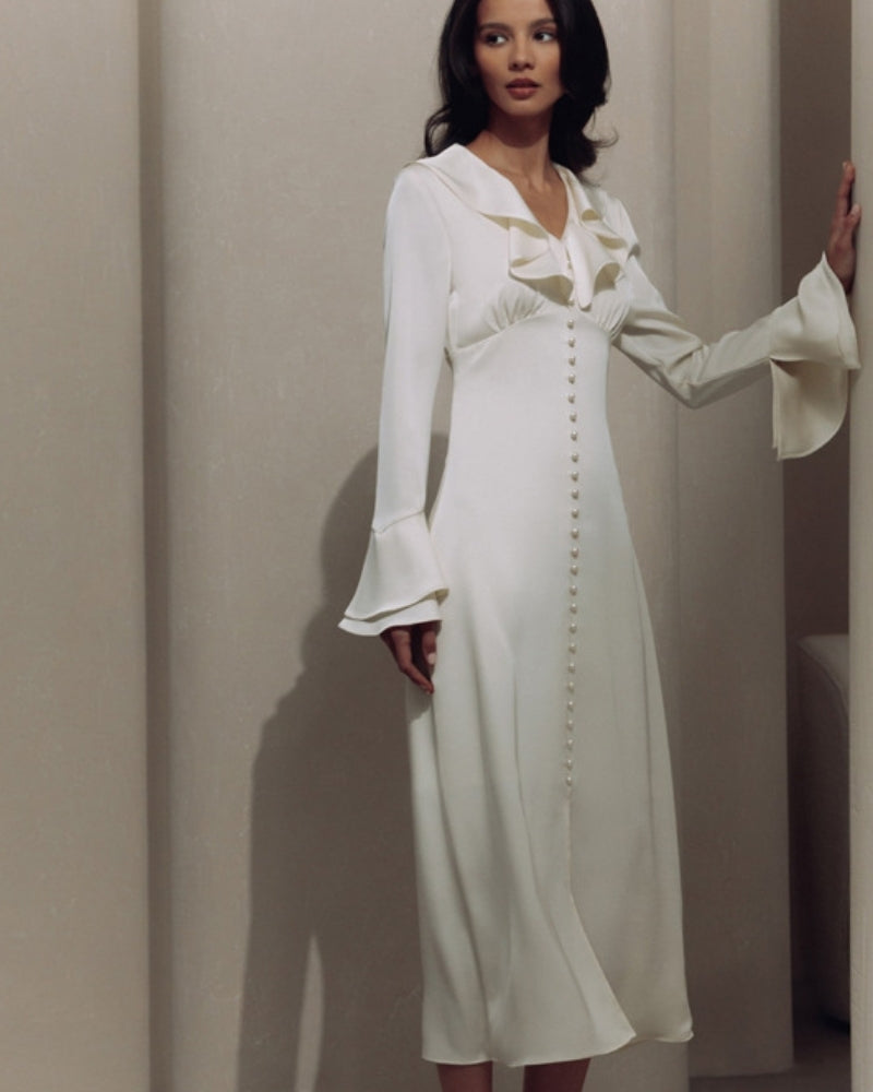 Pearl Button Ruffle Midi Dress 0