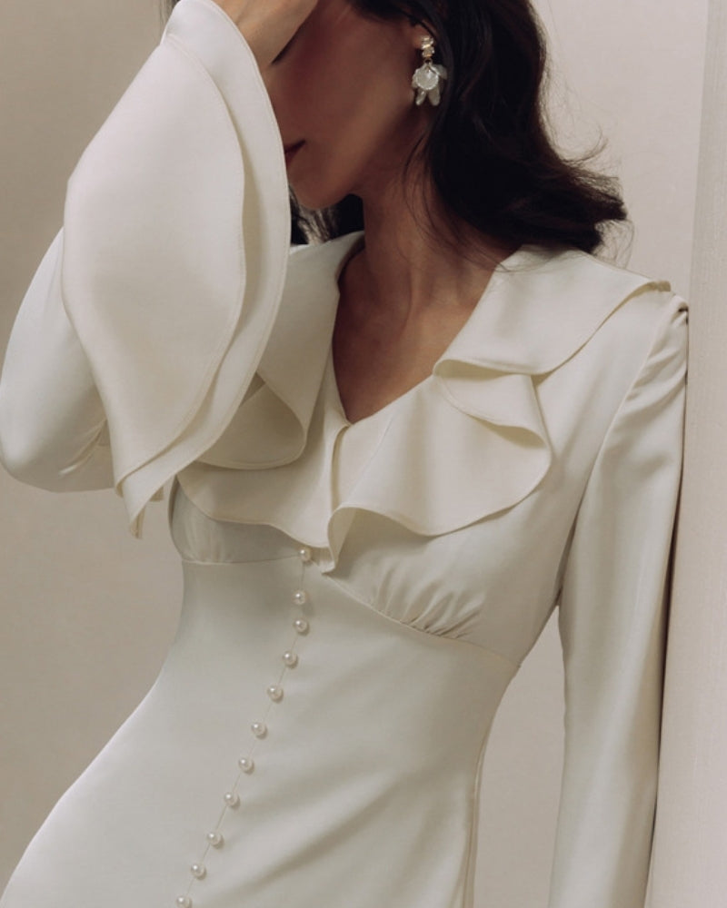 Pearl Button Ruffle Midi Dress 1