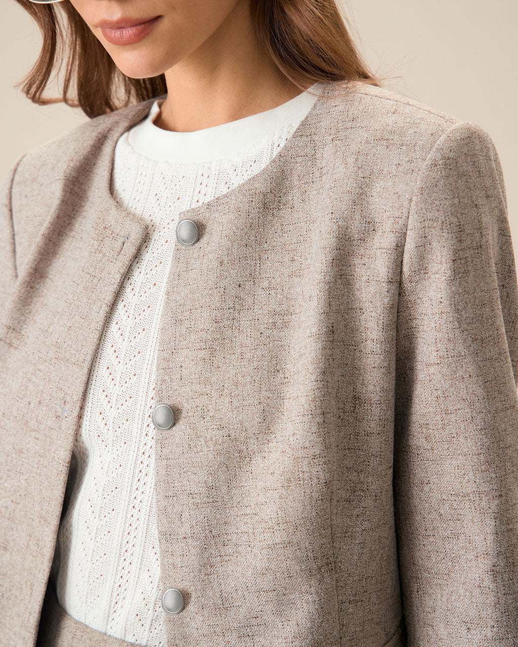 Round Neck Khaki Single-Breasted Jacket 1