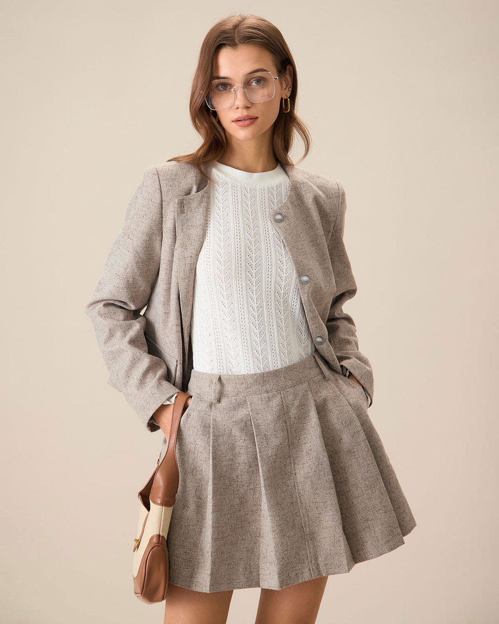 Round Neck Khaki Single-Breasted Jacket 2