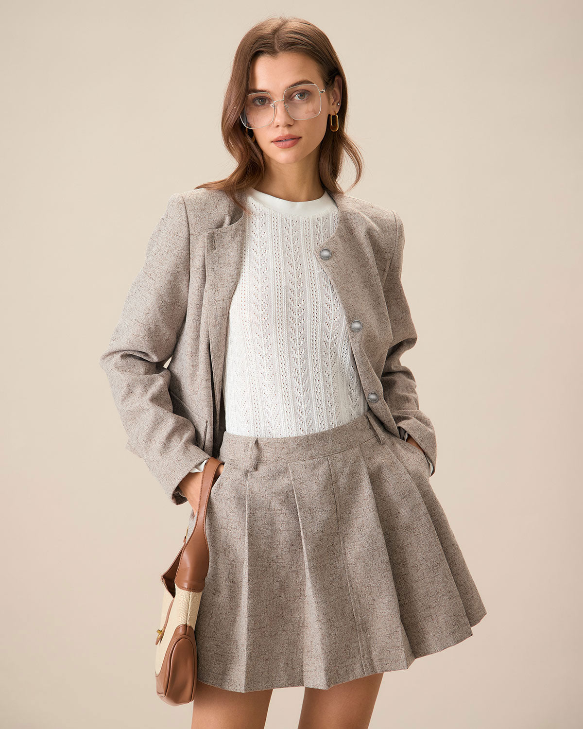 Round Neck Khaki Single-Breasted Jacket 2