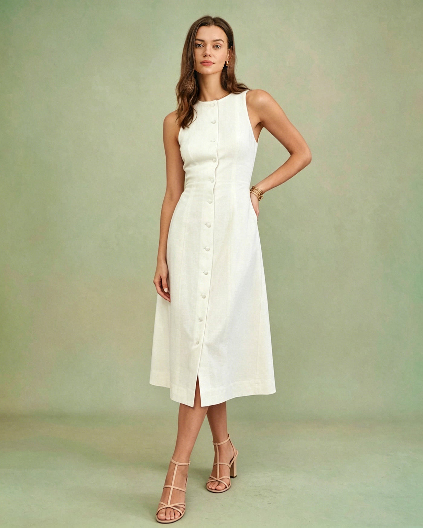 White Button Tie Tunic Midi Dress 0