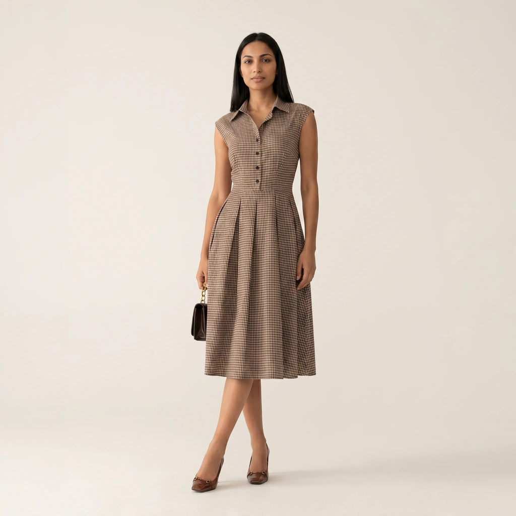 Abito Midi Donna a Quadri con Gonna Plissettata