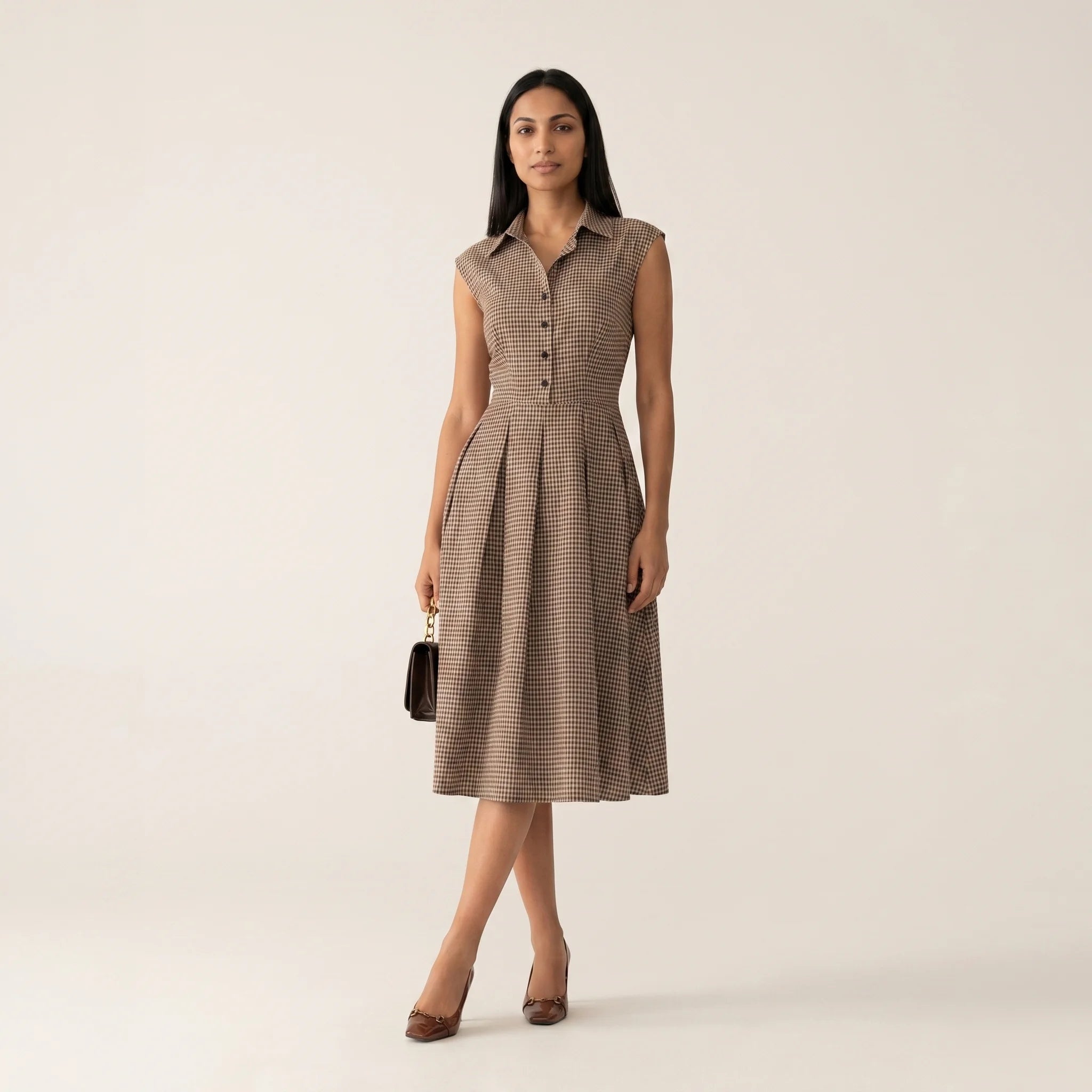 Abito Midi Donna a Quadri con Gonna Plissettata