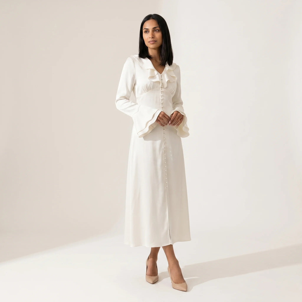 Elegante Abito Midi con Volant e Bottoni Perlati