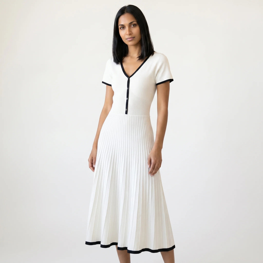 Abito Midi Donna in Maglia Bianca con Profili a Contrasto