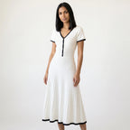 Abito Midi Donna in Maglia Bianca con Profili a Contrasto