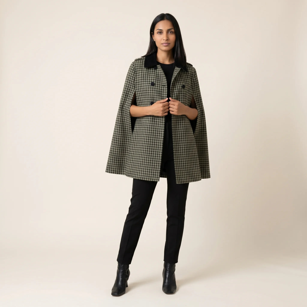 Cappotto Verde a Quadri con Maniche Cape